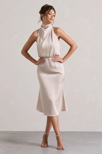 Geena Champagne Satin Twisted High Neck Midi Dress