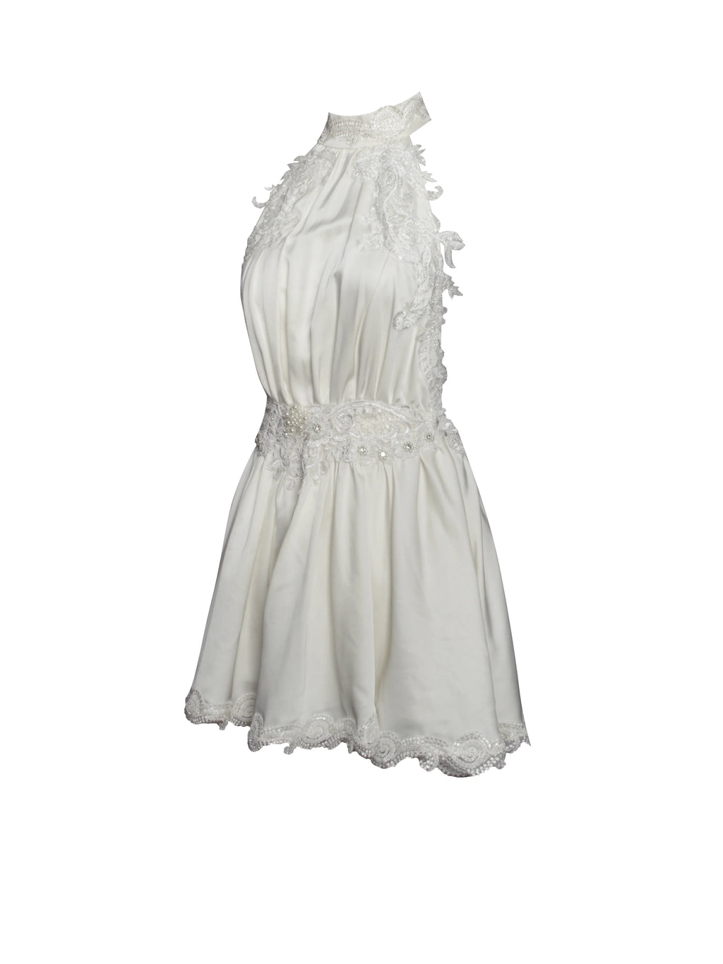 Idalia Pearl White Beaded Lace Trim Backless Halter Mini Dress