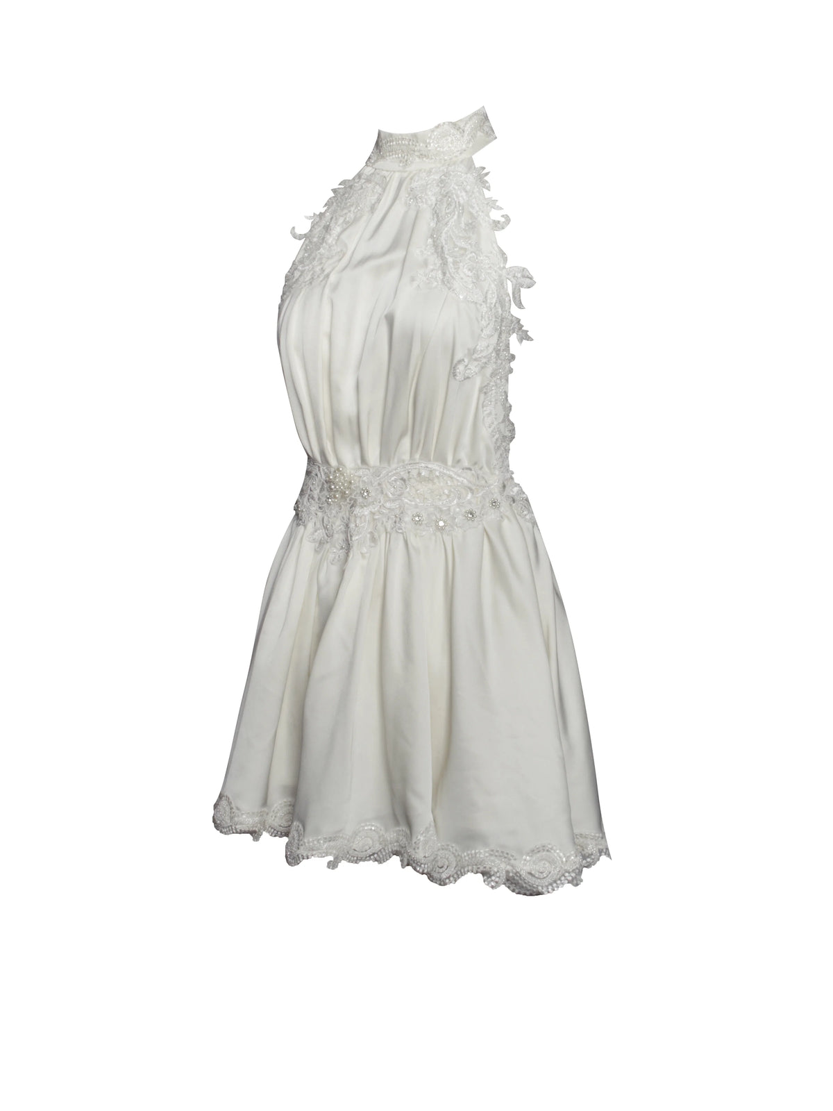 Idalia Pearl White Beaded Lace Trim Backless Halter Mini Dress