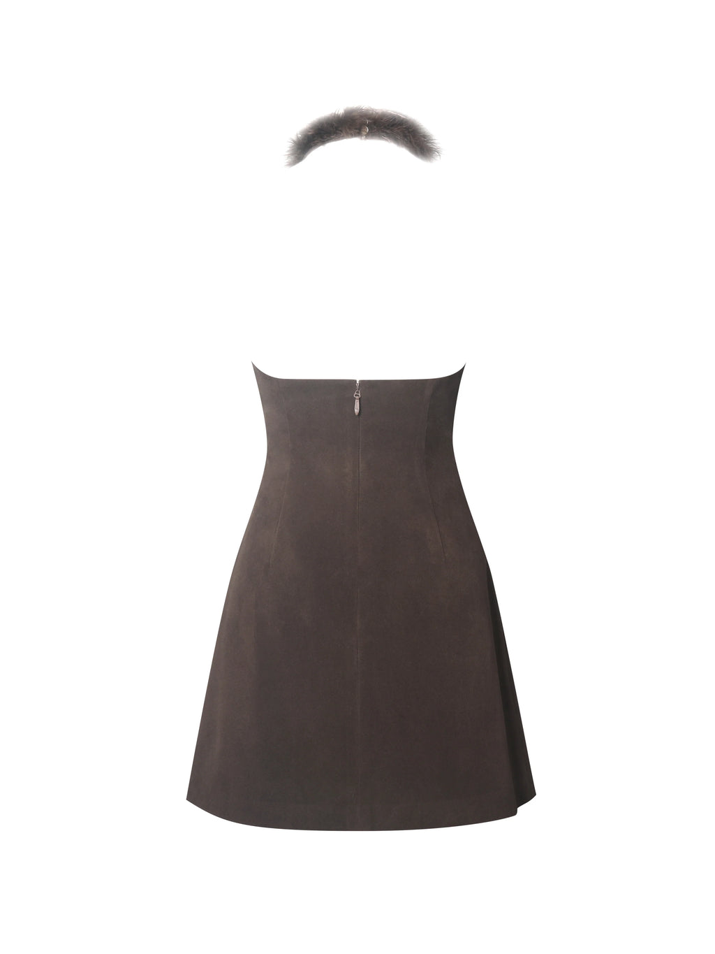 Yael Espresso Vegan Suede Faux Fur Halter Mini Dress