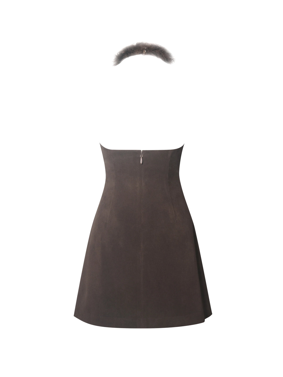 Yael Espresso Vegan Suede Faux Fur Halter Mini Dress
