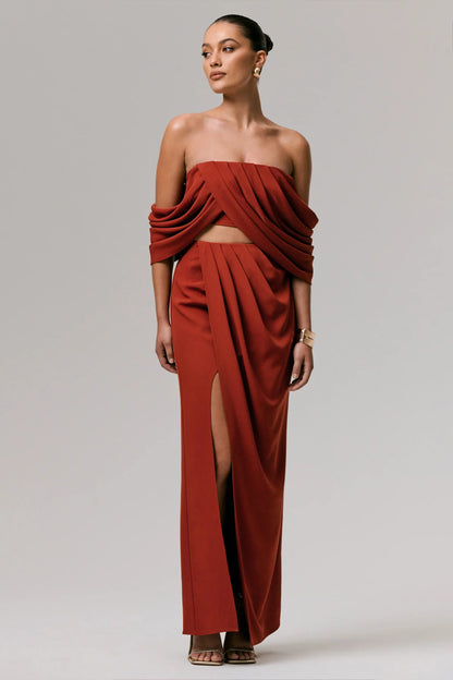 Zelina Terracotta Mid Rise Maxi Skirt with Split