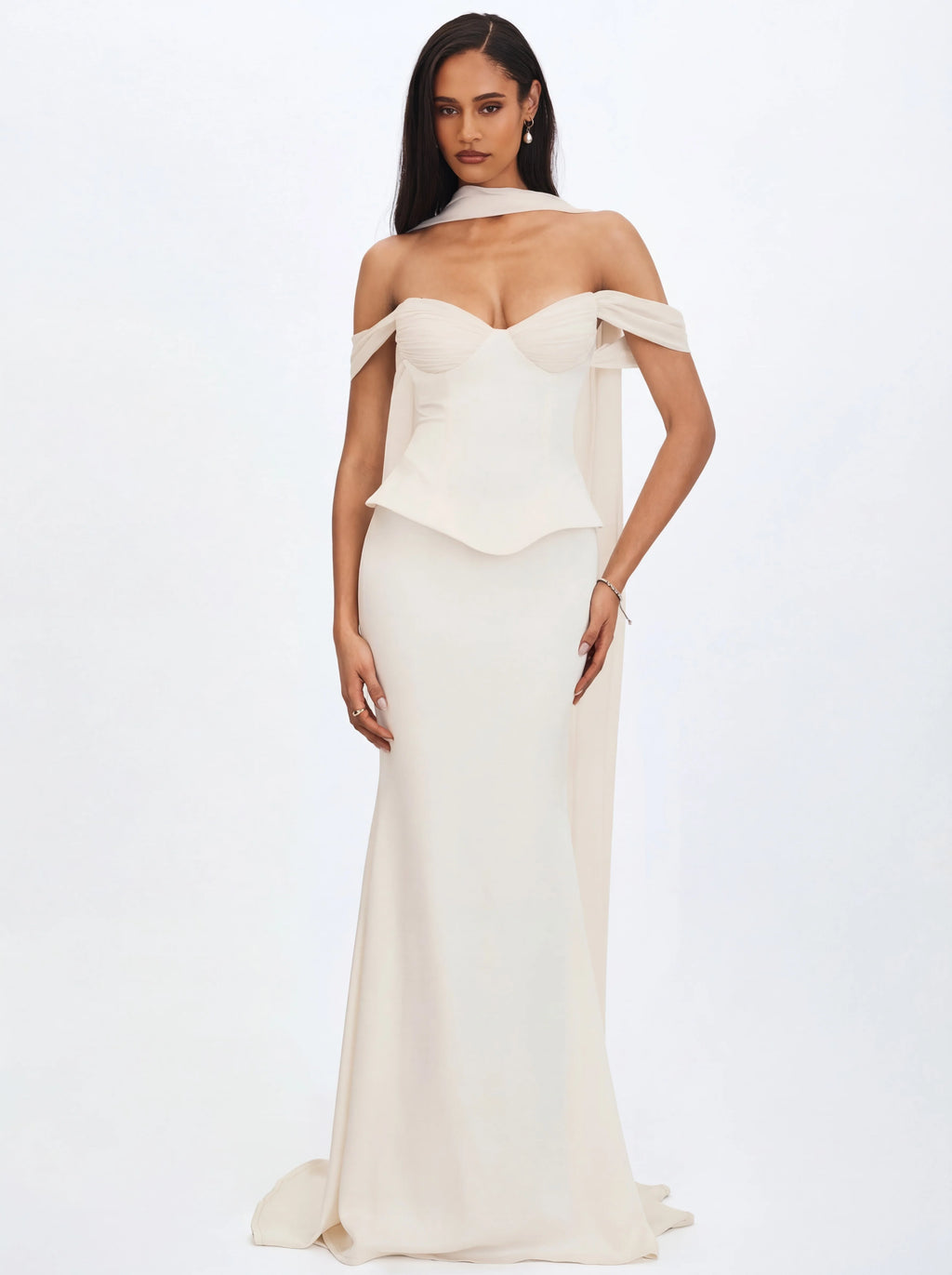 Jessalyn Ivory Sweetheart Peplum Mermaid Wedding Dress with Chiffon Scarf