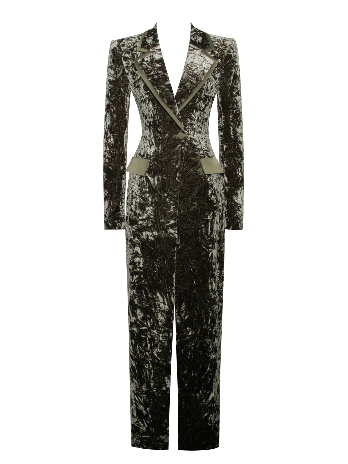 Willow Green Glossy Velvet High Slit Blazer Gown Archive Sale