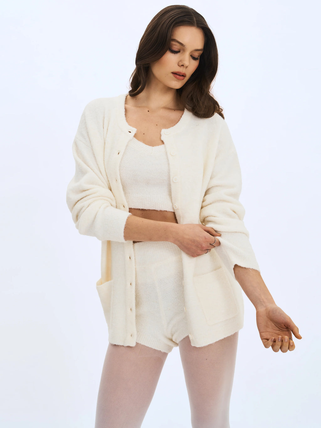 Sera White Wool Blend Ribbed Knit Mini Shorts