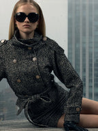Sadie Black White Tweed High Collar Belted Mini Jacket