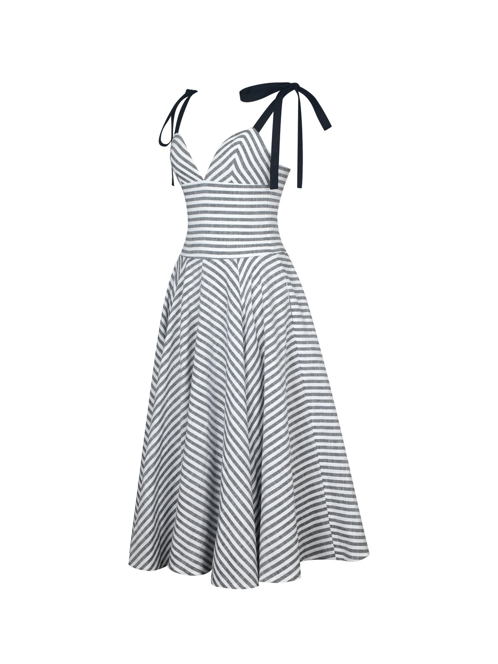 Riley Black White Striped Linen Flared Midi Dress