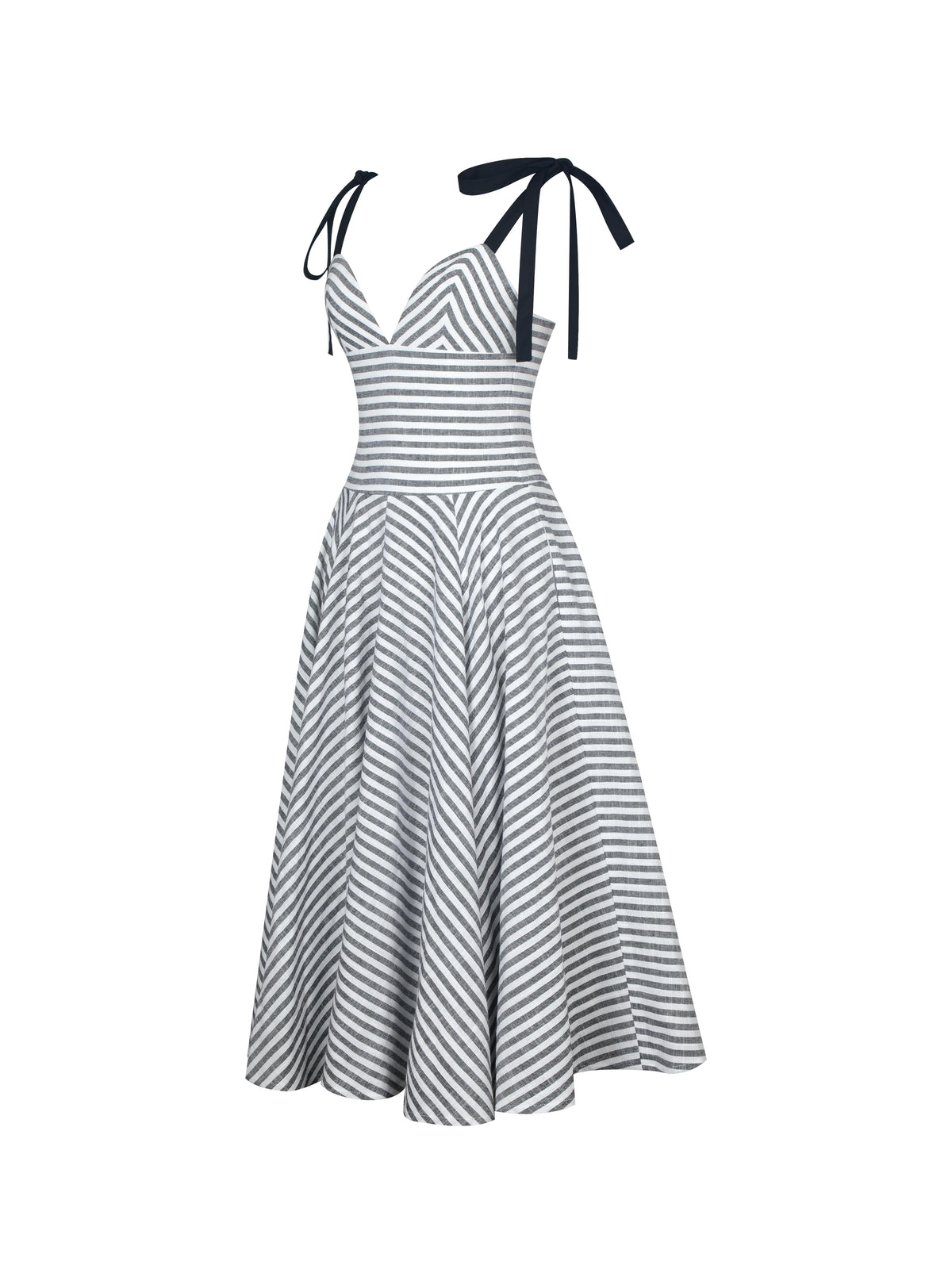 Riley Black White Striped Linen Flared Midi Dress