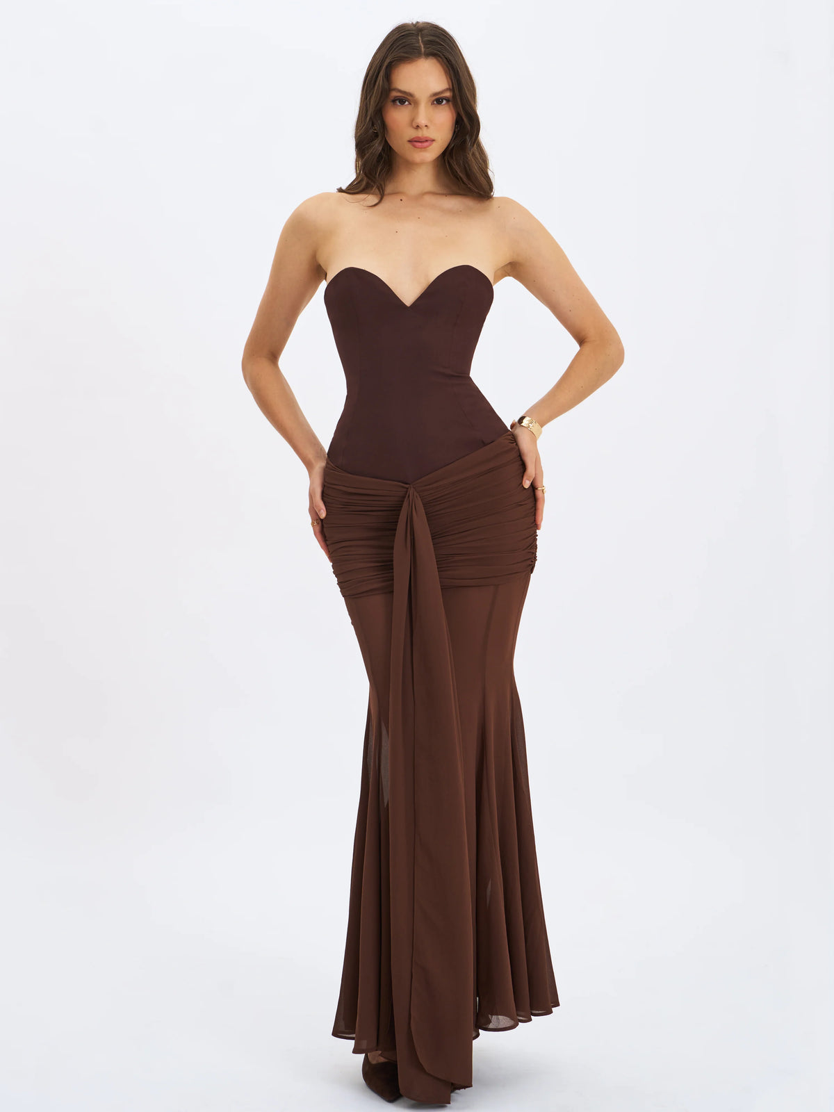 Giovana Espresso Sweetheart Draped Mesh Mermaid Maxi Dress