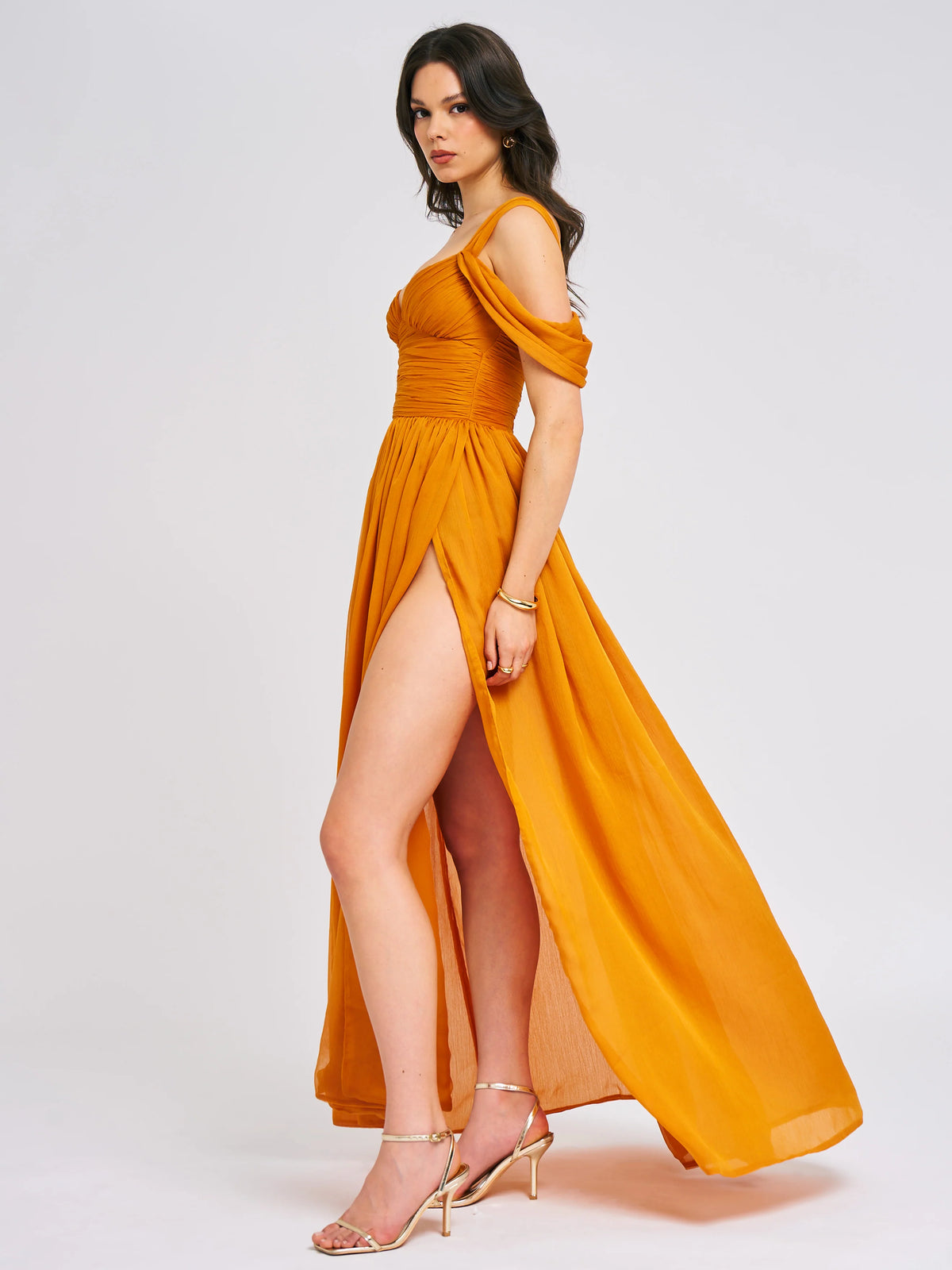 Jelani Layered Mesh High Slit Drape Maxi Dress
