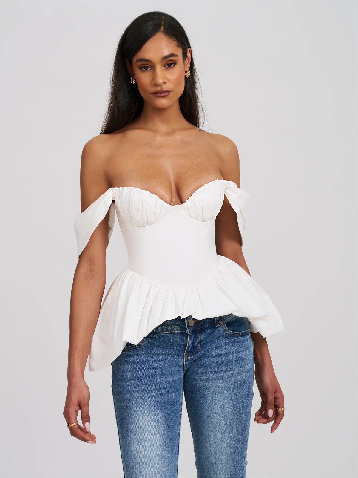 Qistina White Off shoulder Bubble Hem Peplum Cotton Top