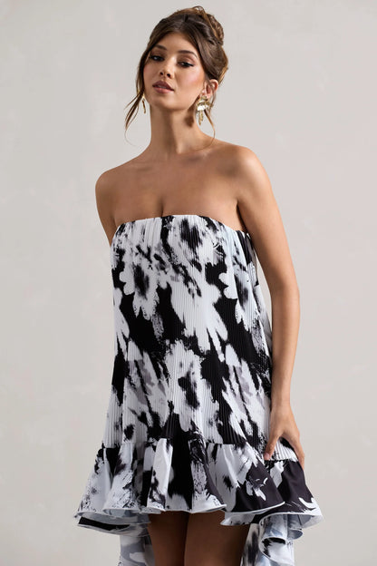 Whistler Monochrome Floral Chiffon Bandeau High Low Ruffled Maxi Dress