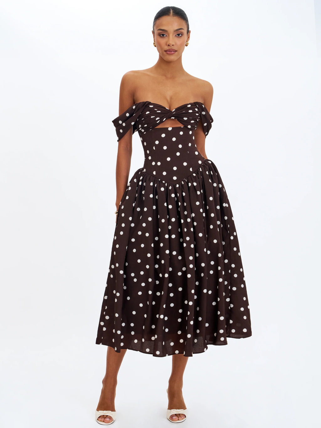 Xandie Mocha Polka Dot Off Shoulder Midi Dress