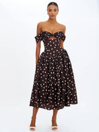 Xandie Mocha Polka Dot Off Shoulder Midi Dress