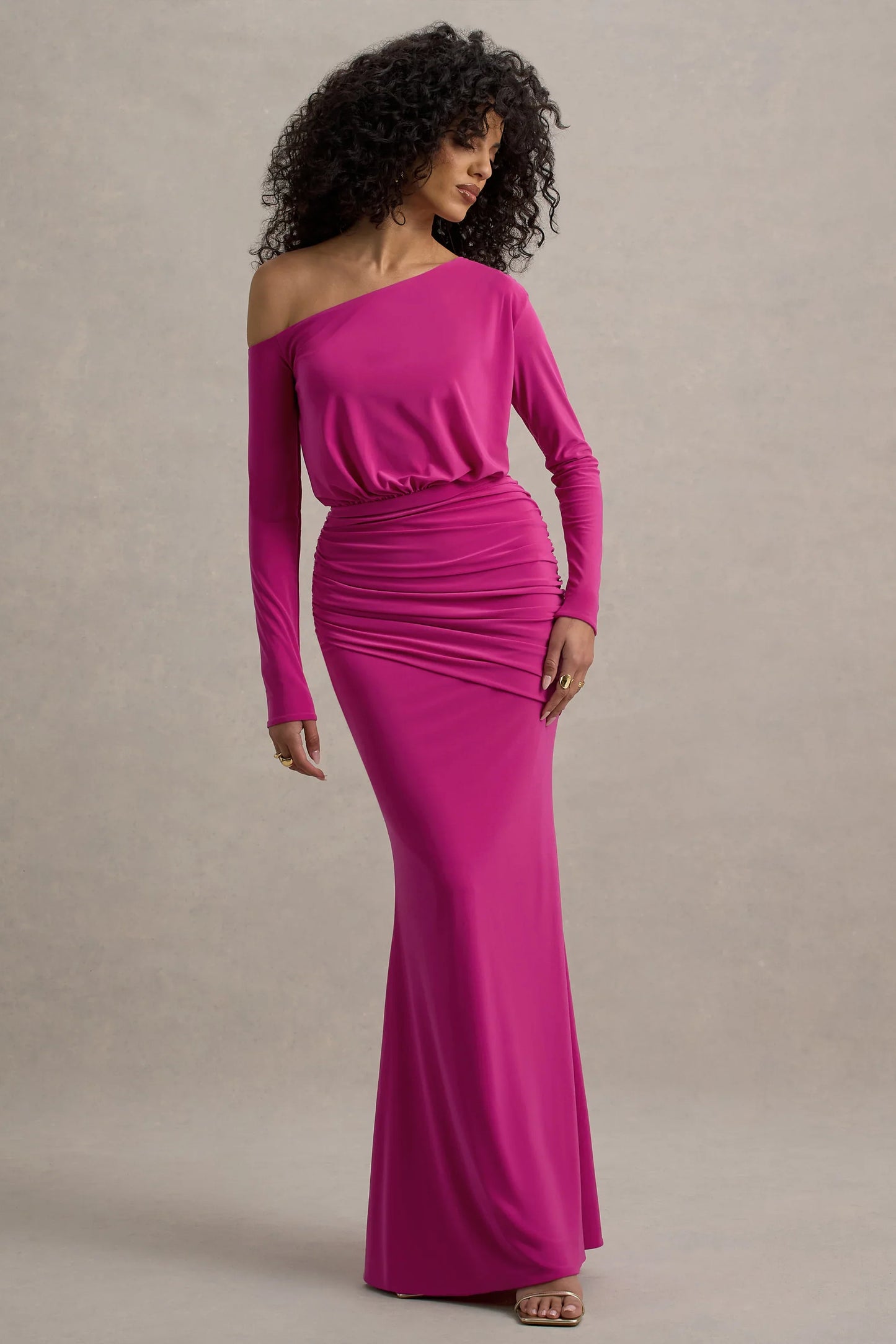 Deanna Hot Pink Asymmetric Long Sleeve Ruched Maxi Dress