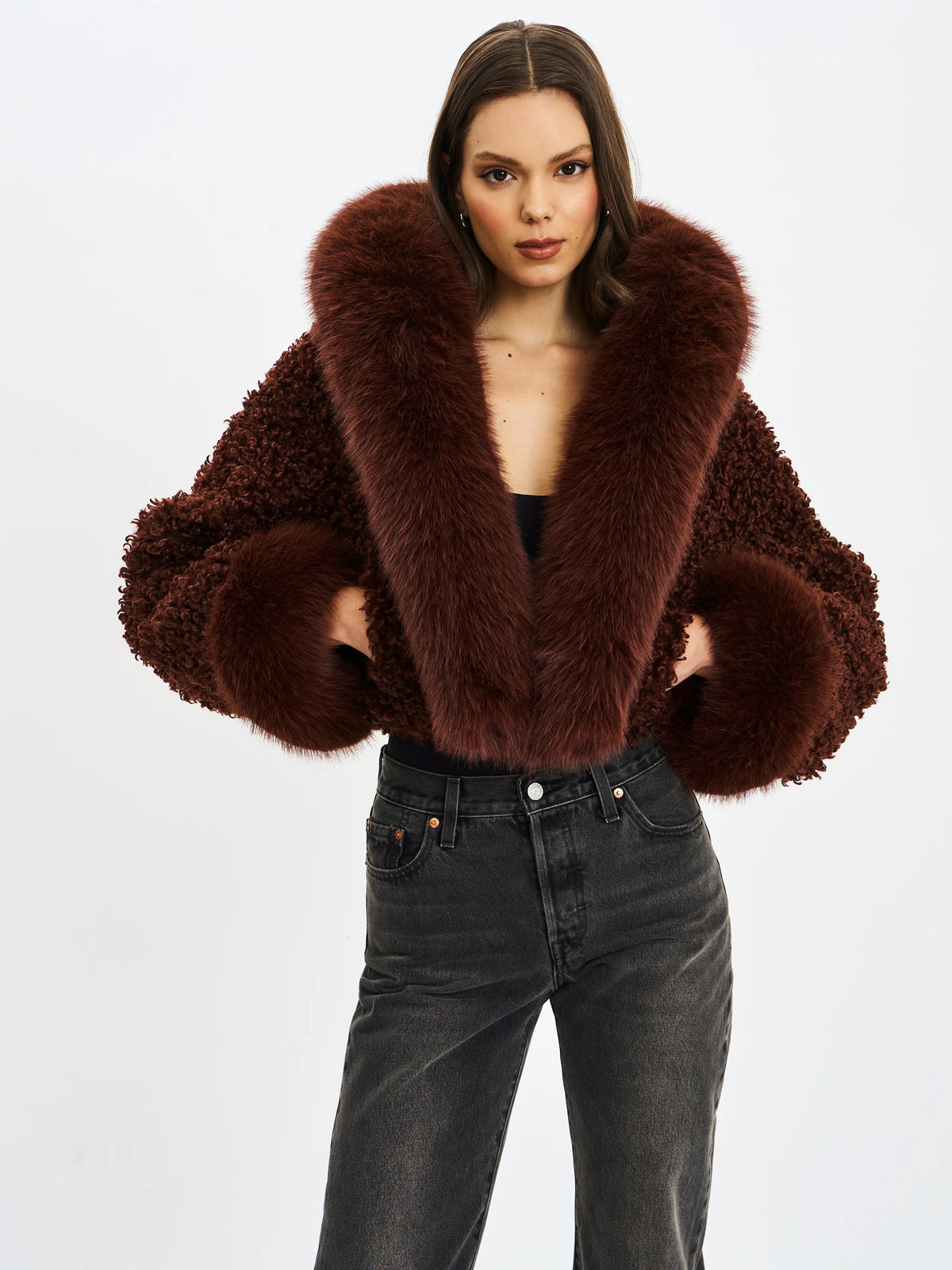 Kali Mahogany Cropped Vegan Shearling Fur Jacket