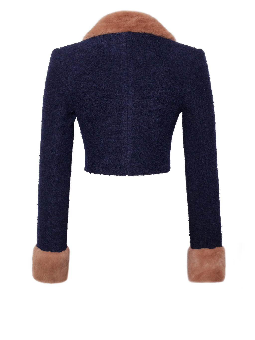 Wava Navy Blue Double Breast Fur Trim Cropped Boucle Wool Jacket Archive Sale