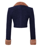 Wava Navy Blue Double Breast Fur Trim Cropped Boucle Wool Jacket Archive Sale