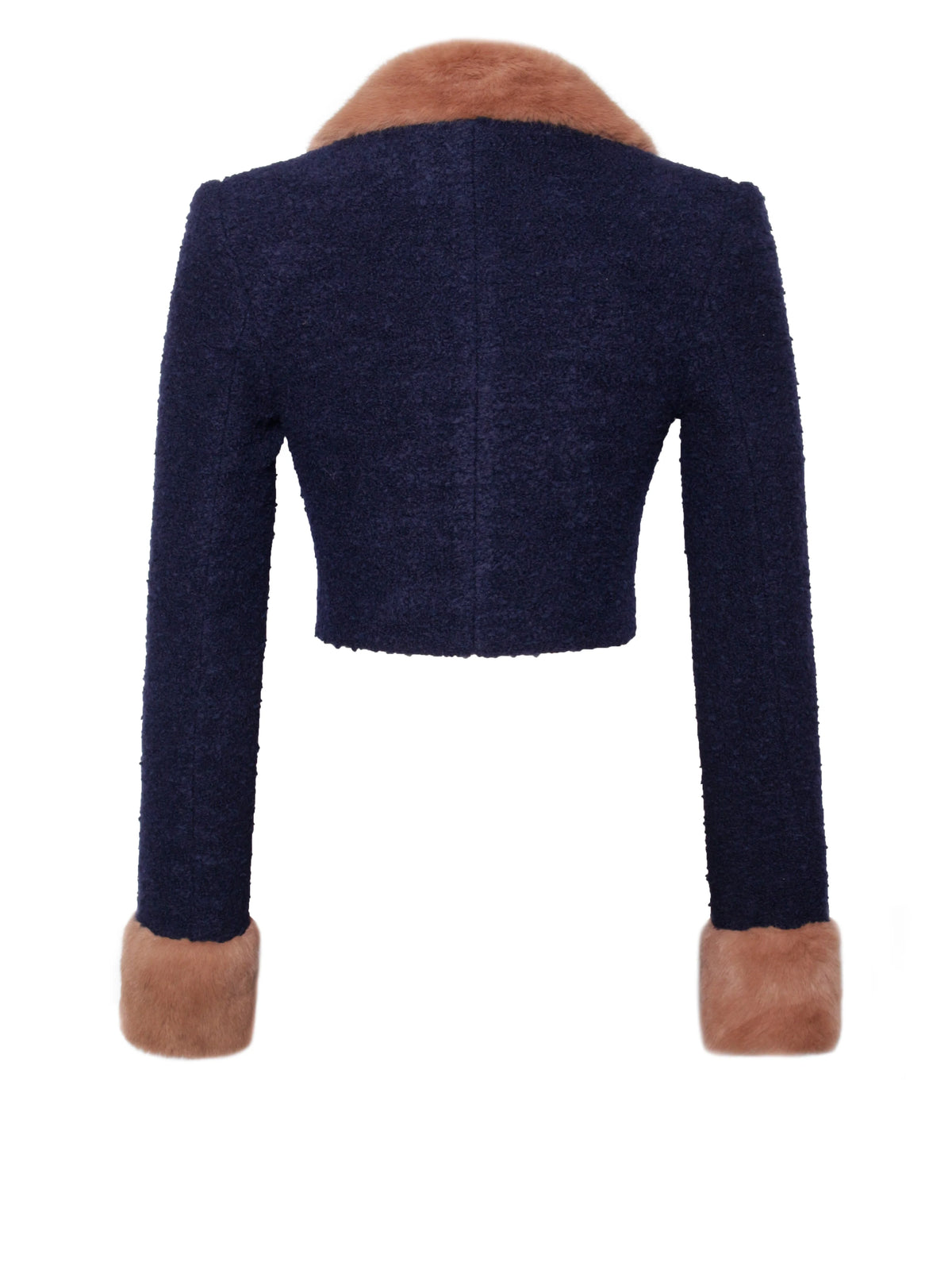 Wava Navy Blue Double Breast Fur Trim Cropped Boucle Wool Jacket Archive Sale