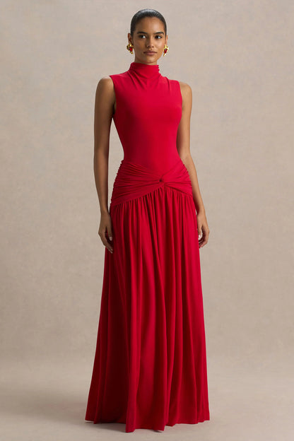 Cascade Red High Neck Maxi Dress With Twist Detail