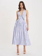 Mackenna Navy Cotton Stripe Halter Smock Back Maxi Dress
