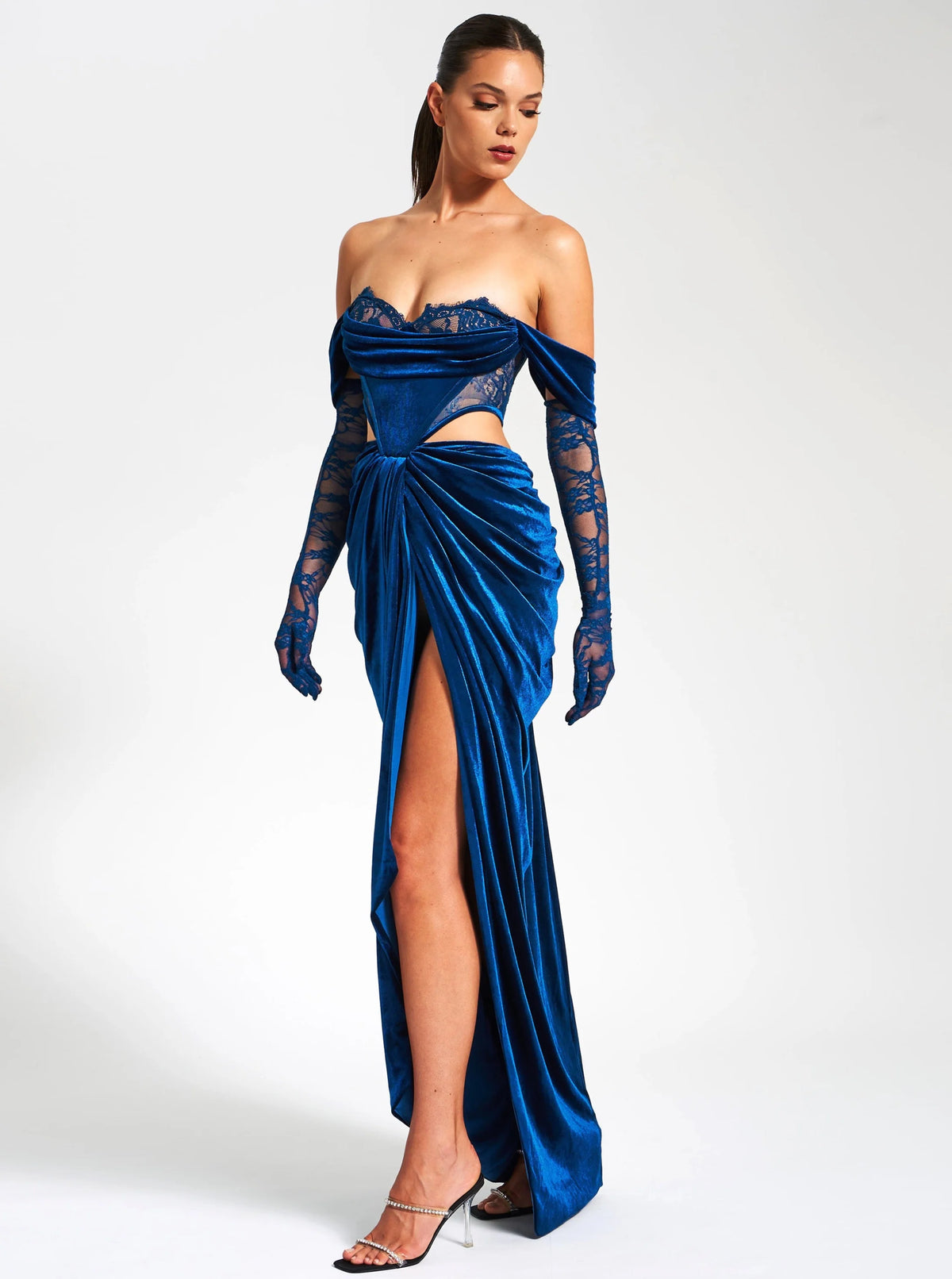 Quintessa Teal Lace Velvet Corset Off Shoulder Gown Archive Sale