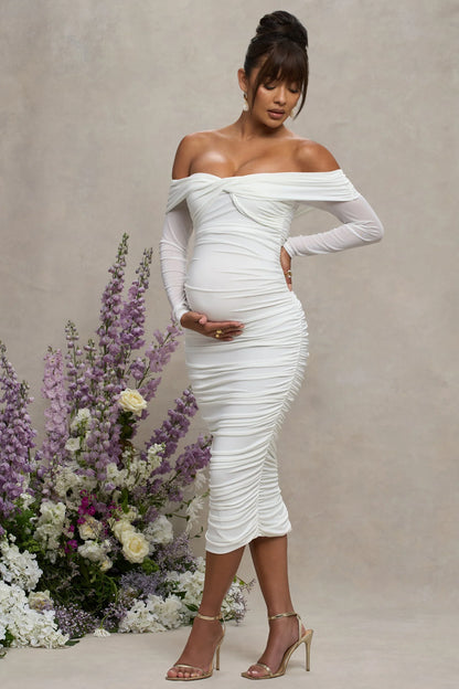 Neva White Bardot Twist Maternity Midi Dress