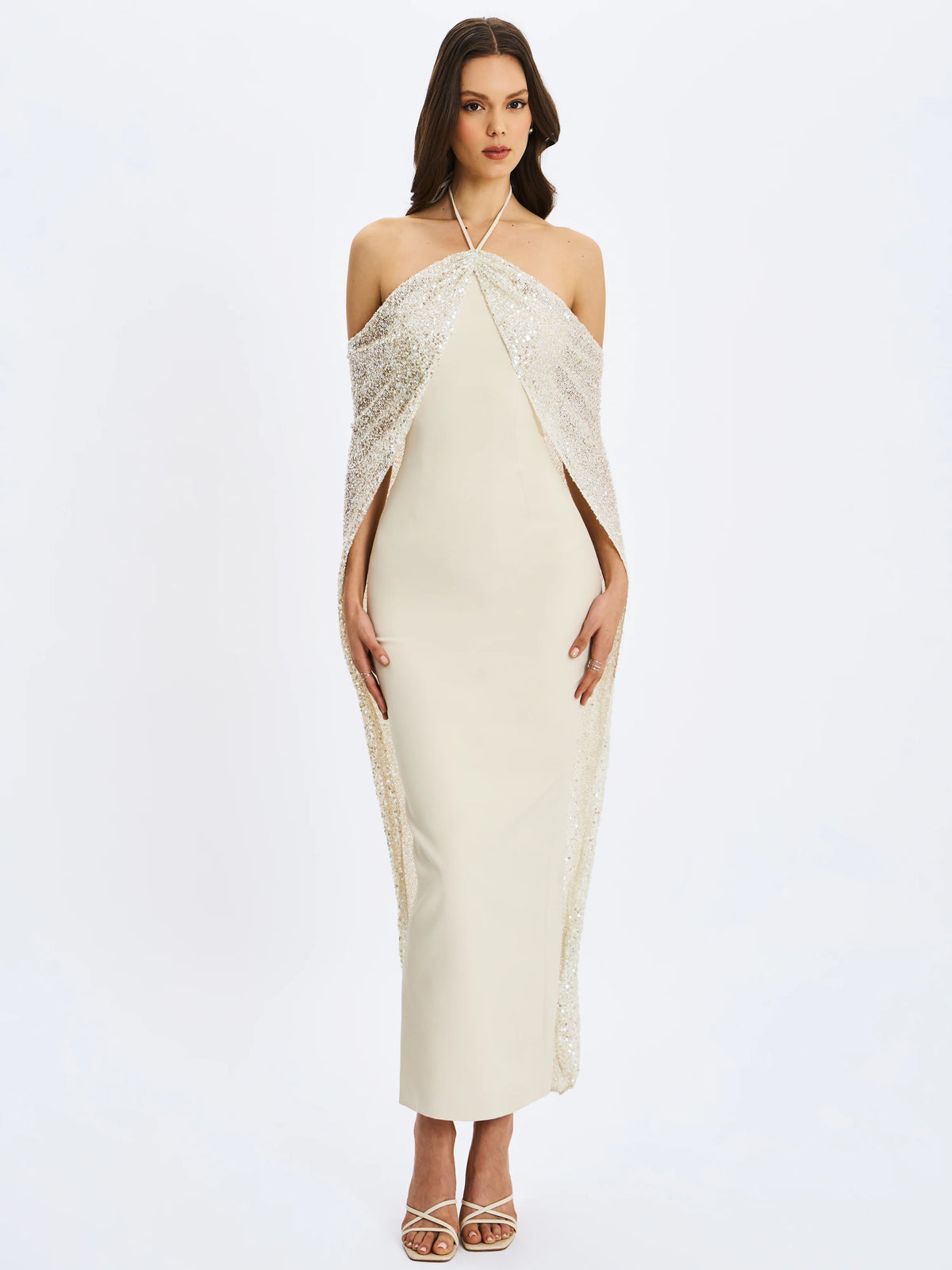 Quimera Almond Beaded Cape Halter Off Shoulder Maxi Gown