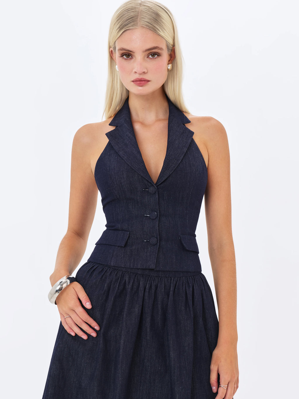 Mavis Indigo Denim Halter Single Breasted Lapel Top