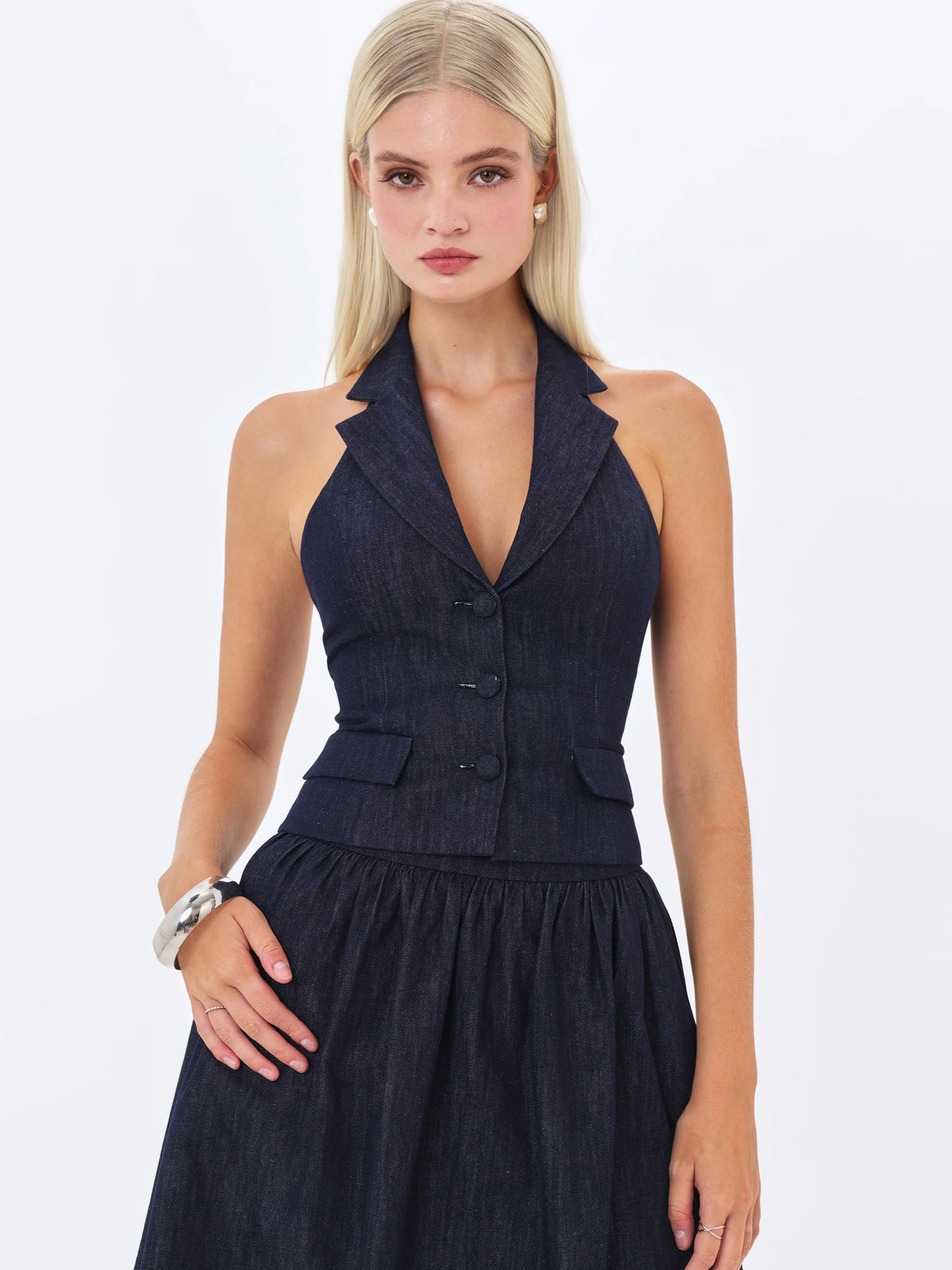 Mavis Indigo Denim Halter Single Breasted Lapel Top