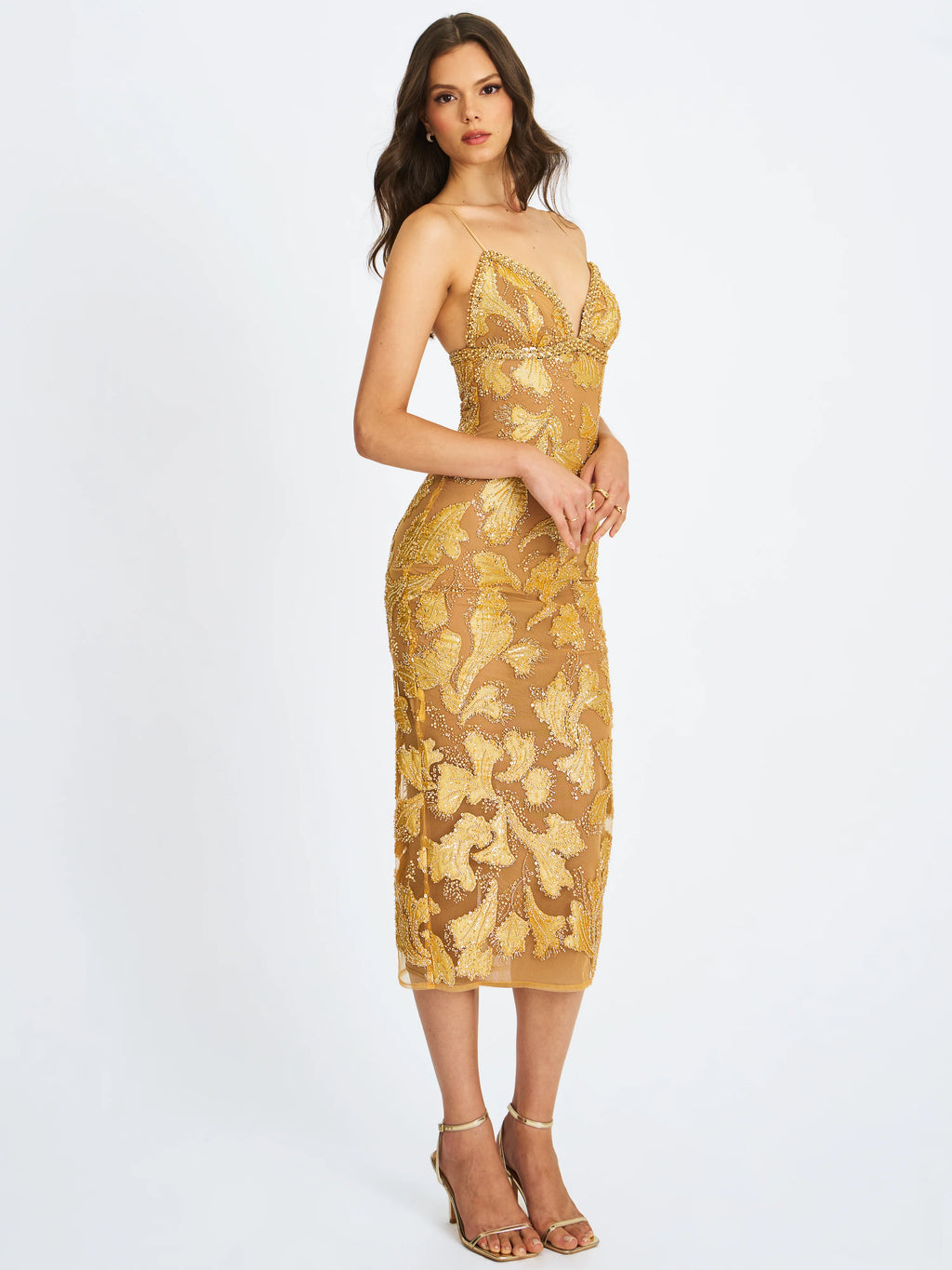 Edie Gold Beaded Sequin Midi Pencil Dress