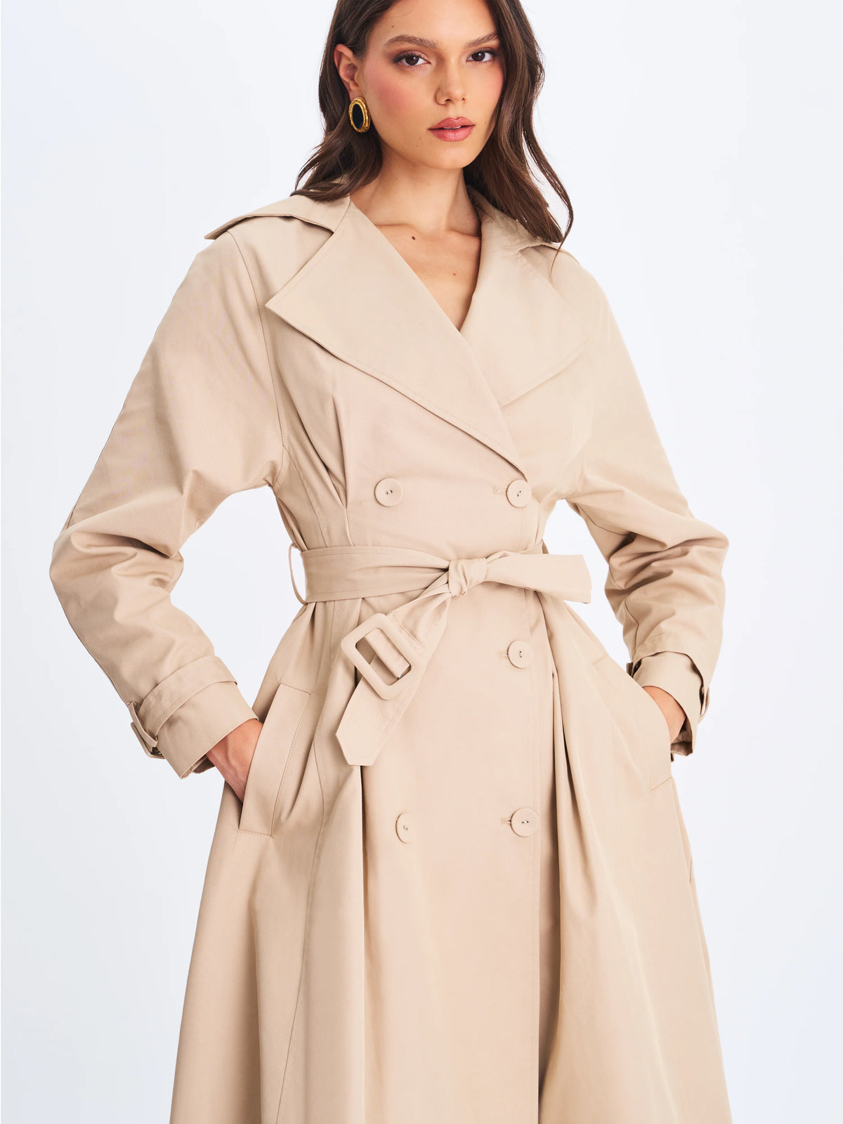 Ulila Beige Double Breasted Pleated Cotton Blend Trench Coat