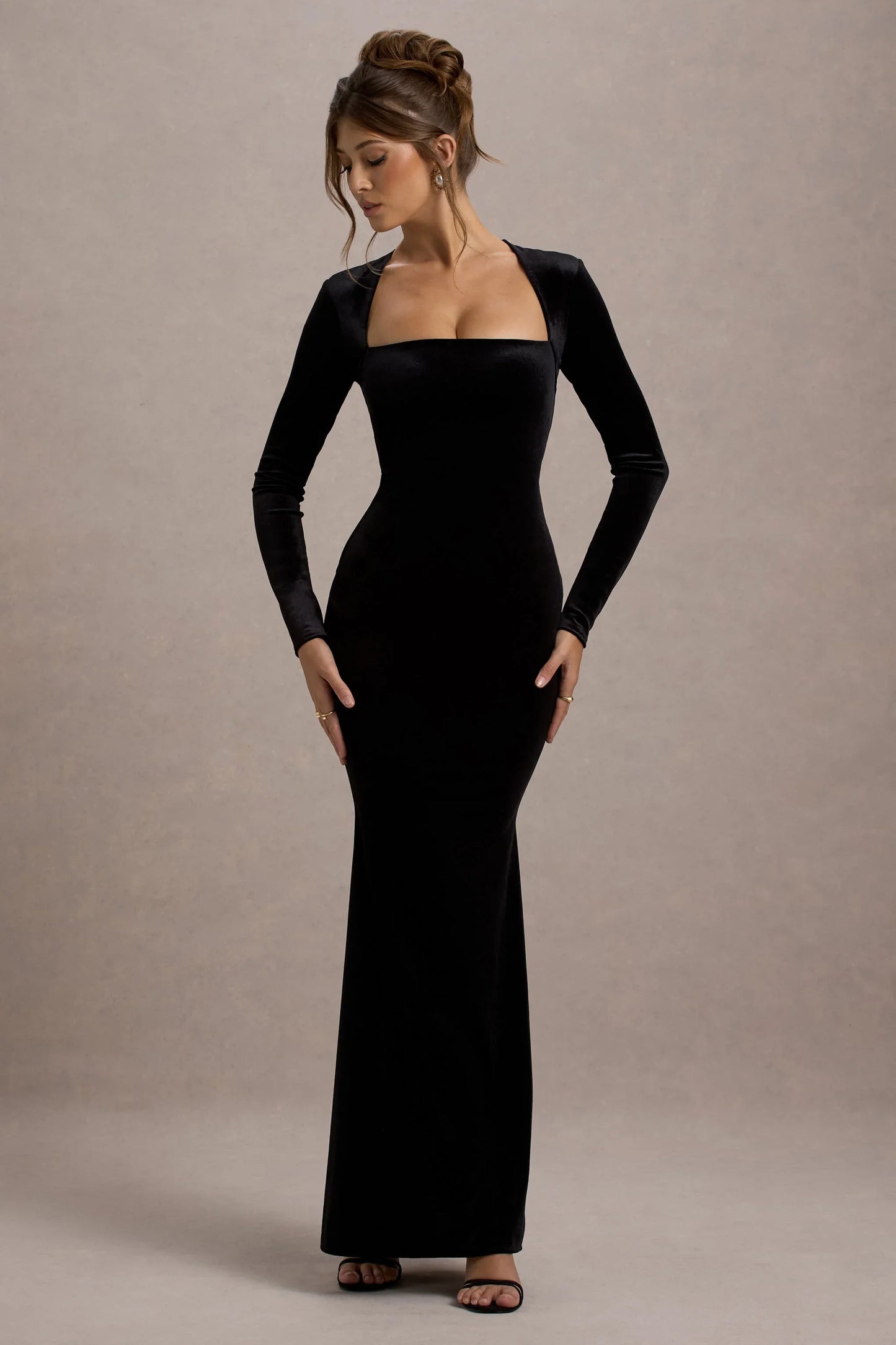 Morana Black Velvet Square Neck Long Sleeve Maxi Dress