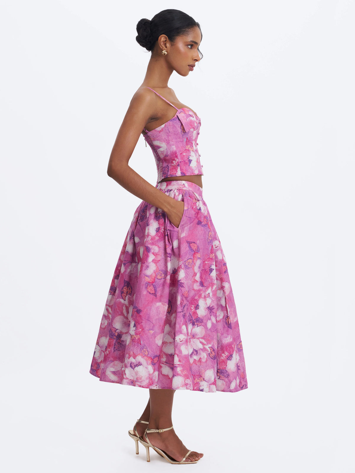 Xalina Blooming Magenta Linen Low Rise Midi Skirt