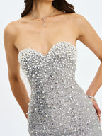 Noelle Silver Sequin Pearl Embellished Sweetheart Maxi Dress