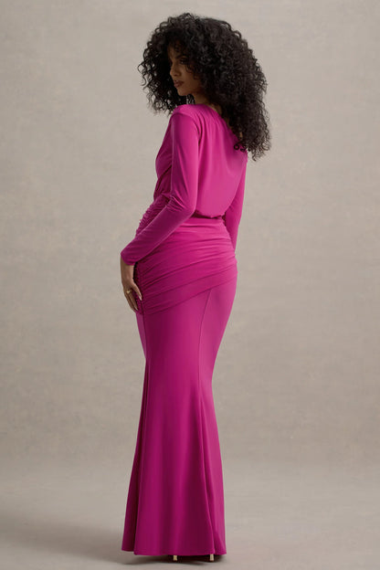 Deanna Hot Pink Asymmetric Long Sleeve Ruched Maxi Dress