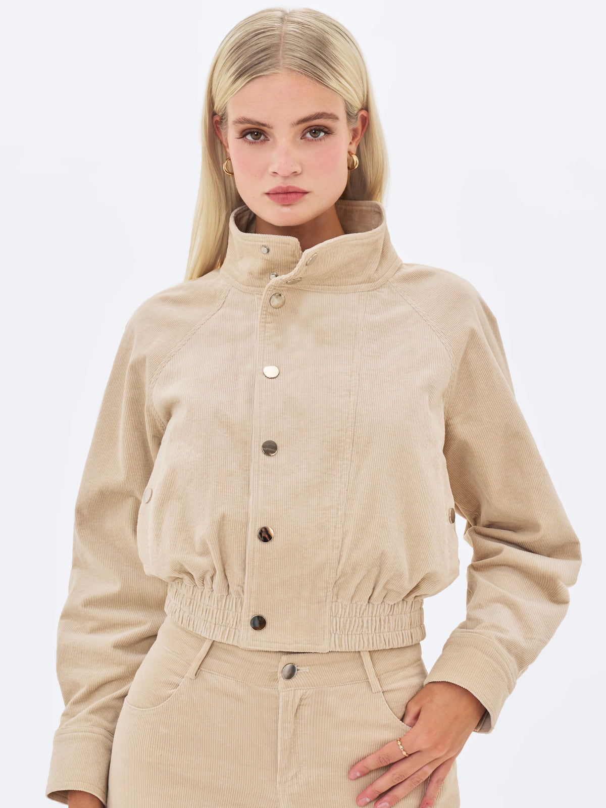Romilly Beige Cotton Corduroy Funnel Collar Jacket