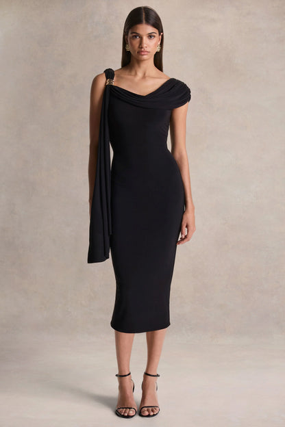 Mirelda Black Asymmetric Neck Midi Dress With Gold Detail