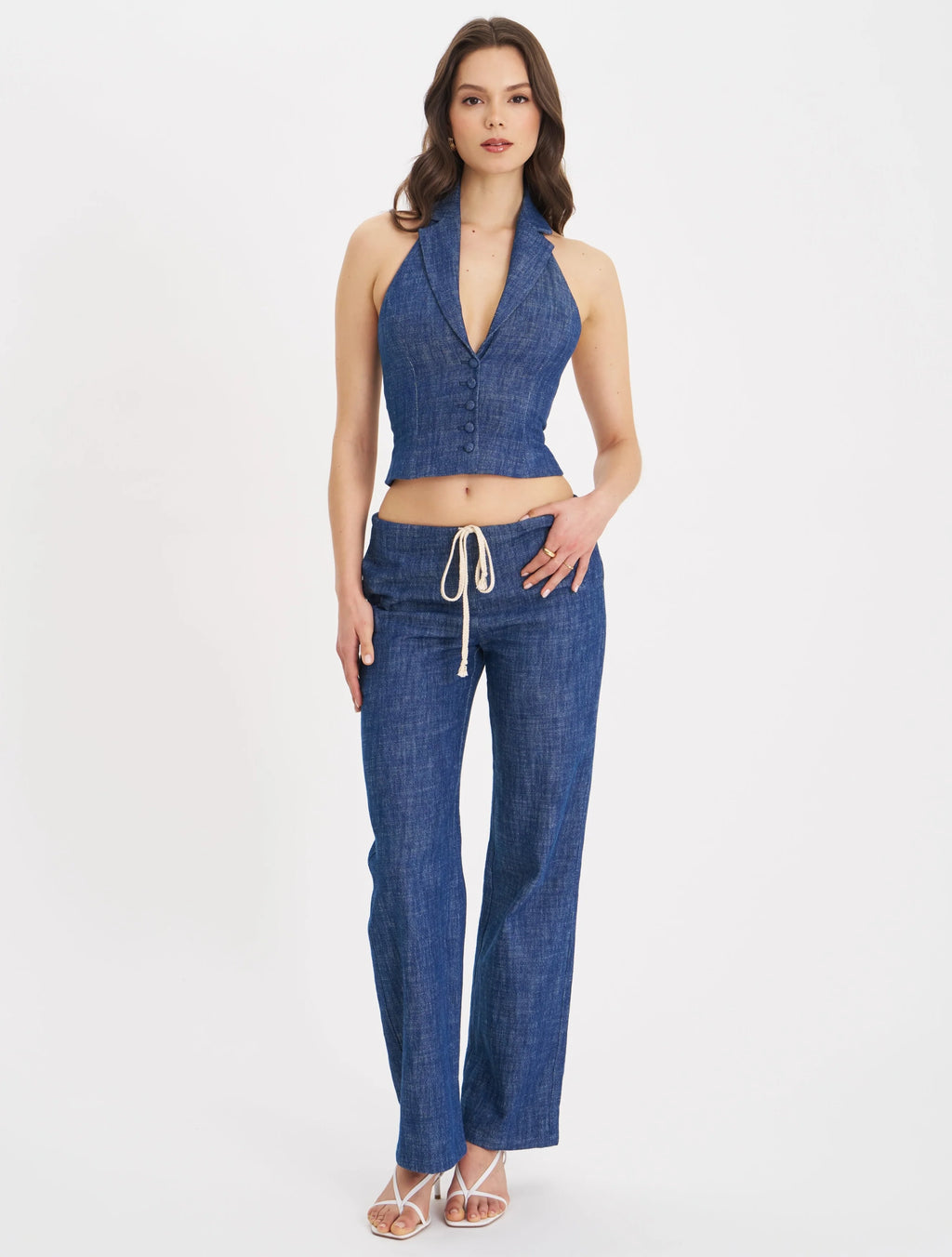 Rafaella Navy Cotton Denim Halter Lapel Top Archive Sale