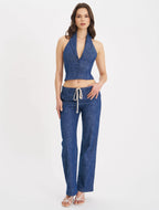 Rafaella Navy Cotton Denim Halter Lapel Top Archive Sale