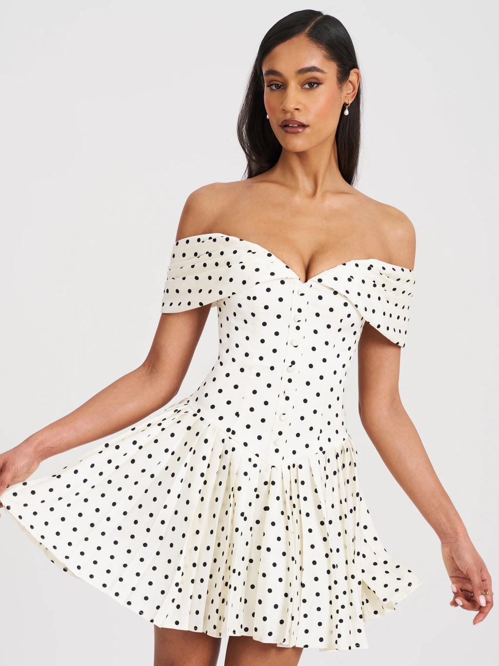 Edeline Polka Dot Off shoulder Pleated Mini Dress