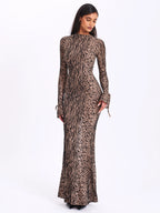 Waylynn Nude Black Animal Print Burnout Velvet Detail Mesh Backless Maxi Dress