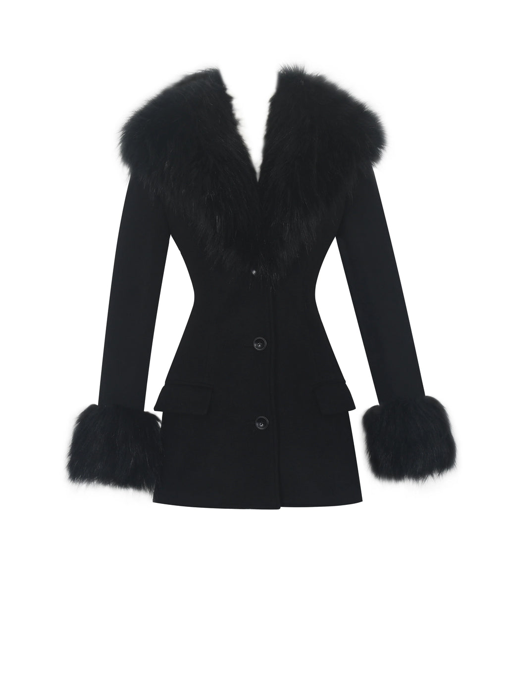 Hailee Black Single Breasted Wool Blend Mini Coat with Removable Fur Lapel