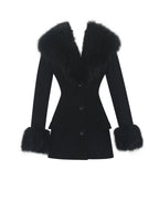 Hailee Black Single Breasted Wool Blend Mini Coat with Removable Fur Lapel
