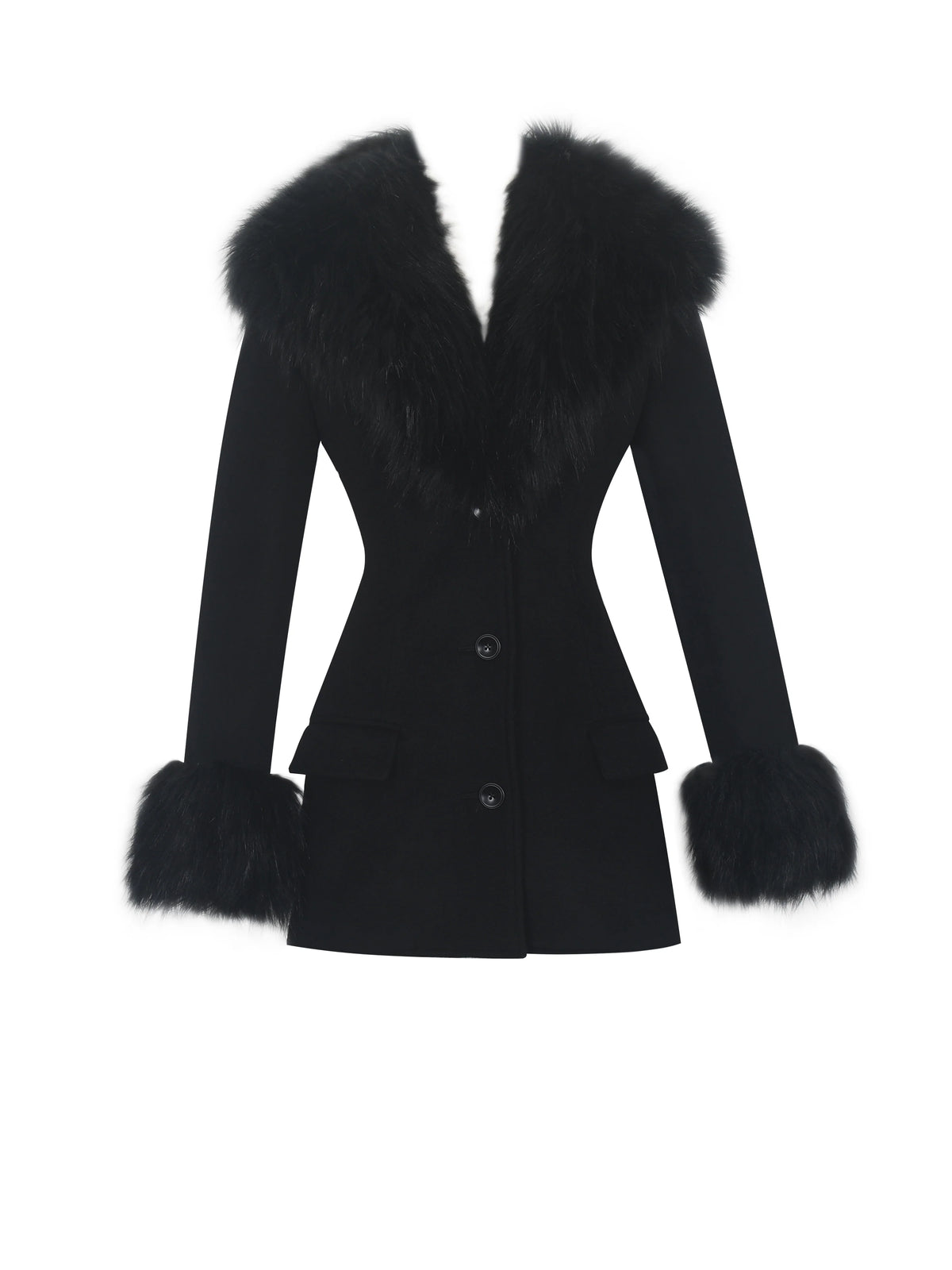Hailee Black Single Breasted Wool Blend Mini Coat with Removable Fur Lapel