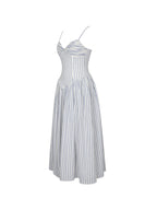 Olea Sky Blue Striped Cotton Poplin Ruched Midi Dress