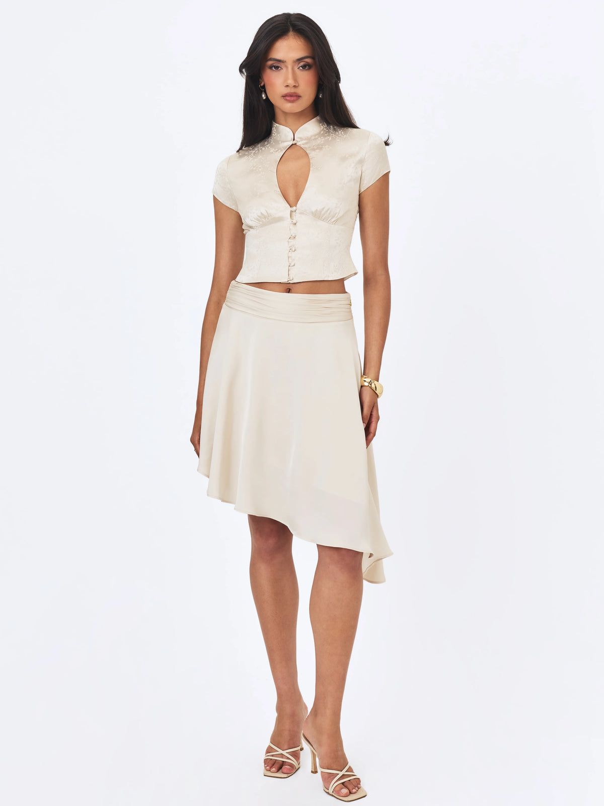 Galilea Ivory Floral Jacquard Keyhole Mandarin Collar Top