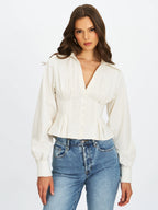 Sylvia White Pinstripe Deep V Pleated Shirt